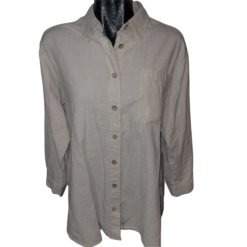 Marie Claire Casual Beige Button-Up Linen Blend Shirt L